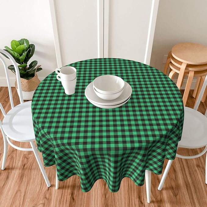 Round Checkered Vinyl Christmas Tablecloth with Flannel Backing 70 Inch, Waterproof Wipe Clean Buffalo Plaid Plastic Table Cloth, Heavy Table Cover for Party, Indoor, Outdoor, Green and Black