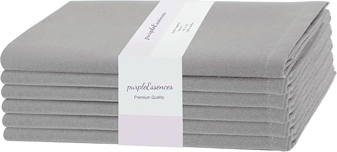 PurpleEssences Set of 6 Cloth Dinner Napkins 100% Cotton 18x18 Inch - Soft Durable Washable - Ideal for Farmhouse Party Christmas Holiday Winter - Perfect Everyday Use Table Linen - Ash Grey