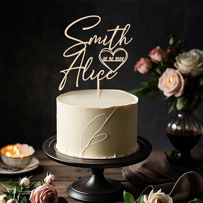 Personalized Wedding Cake Topper with Custom Bride and Groom's Names and Wedding Date in Heart Cake Decoration in Wood