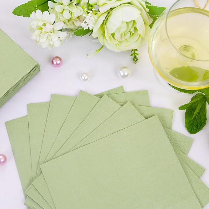 FLOWERCAT 100-Count 2-Ply Sage Green Napkins Cocktail Napkins - Green Beverage Napkins Disposable Premium Quality - 5" x 5" Paper Napkins for Party &Easter,Bar,Weddings,Birthday