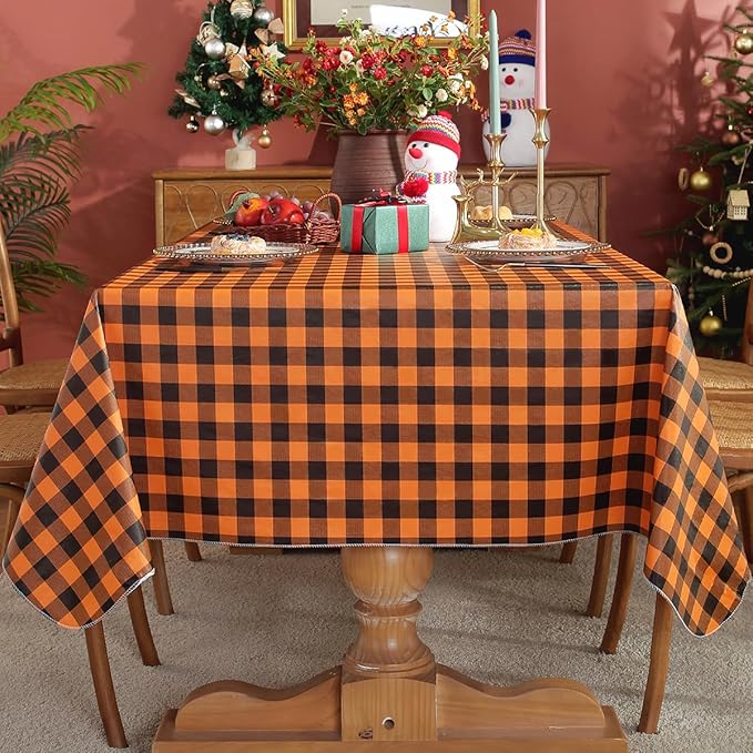 Buffalo Plaid Vinyl Thanksgiving Tablecloth Rectangle 60x102 Inch with Flannel Backing Waterproof & Non Slip Plastic Table Cloth, Heavy Duty Table Cover for Fall Halloween Party, Orange and Black