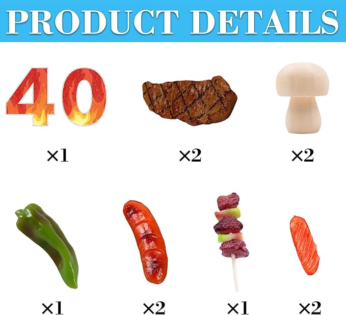 9 PCS BBQ Cake Topper Happy 40 Birthday Barbecue Decorations with Artificial Kebab and Hot Dog for Boys Girls Birthday Party Picnic Camping BBQ Theme Party Supplies