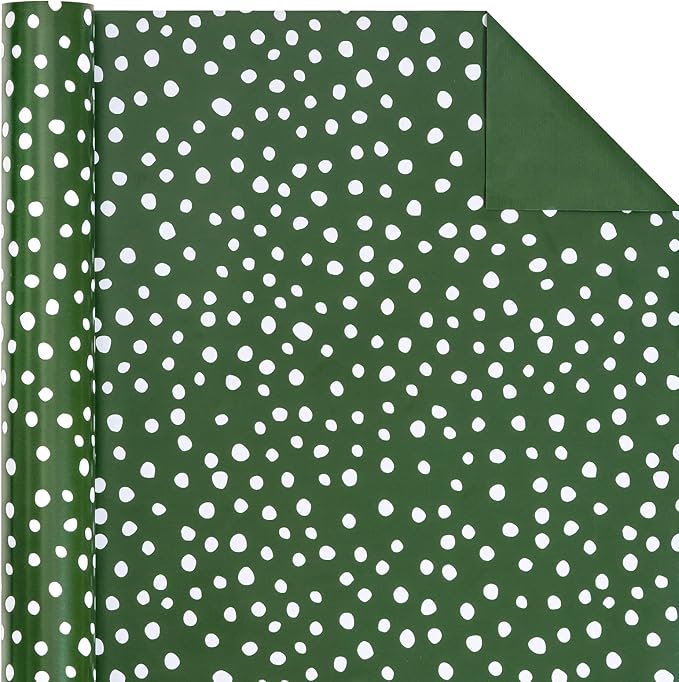 WRAPAHOLIC Reversible Wrapping Paper - Mini Roll - 17 Inch X 33 Feet - Dark Green and Delicate Polka Dots Design for Birthday, Holiday, Wedding, Baby Shower