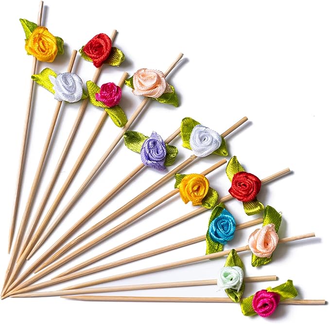 PuTwo Colorful Flower Cocktail Picks 4.7 Inch 100pcs Bamboo Fancy Skewers Toothpicks for Appetizers Food Drink Fruit Sandwich BBQ Wedding Charcuterie Boards Accessories Cocktail Party Supplies