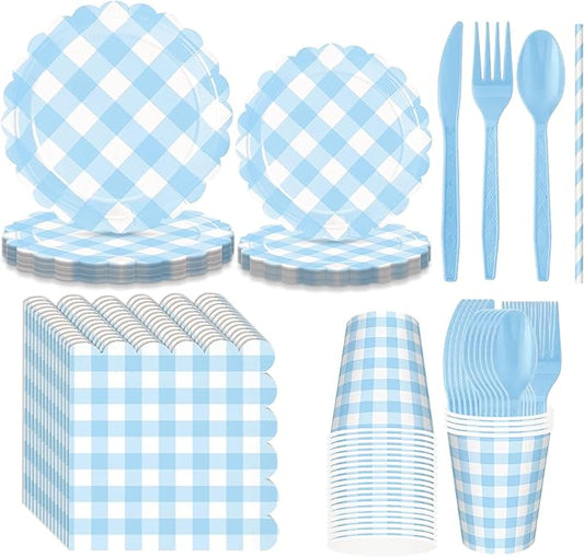 192 PCS Gingham Party Supplies Serve 24 Guests Gingham Plates and Napkins and Cups for Birthday Decorations Baby Shower Checkered Party Supplies Dinnerware Sets for Girl Boy Light Blue