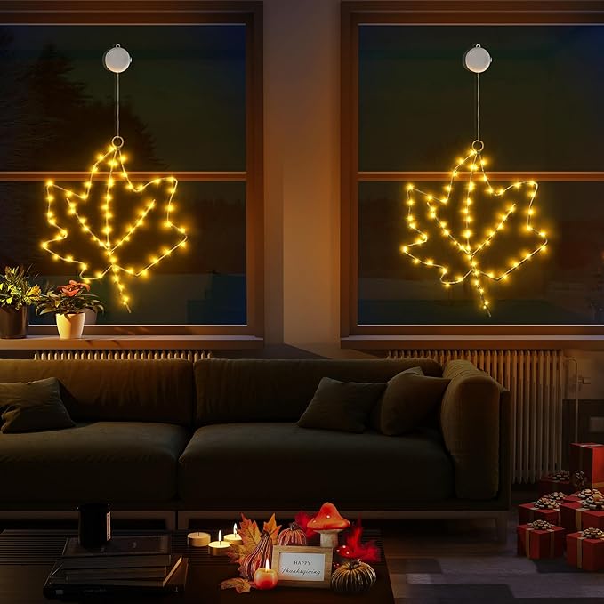 BlcTec Thanksgiving Decorations for Home 2 Pack 10Inch Maple Leaves Thanksgiving Window Lights with Suction Cups, Timer, Battery Operated Metal Frame Window Lights for Thanksgiving Decorations, Orange