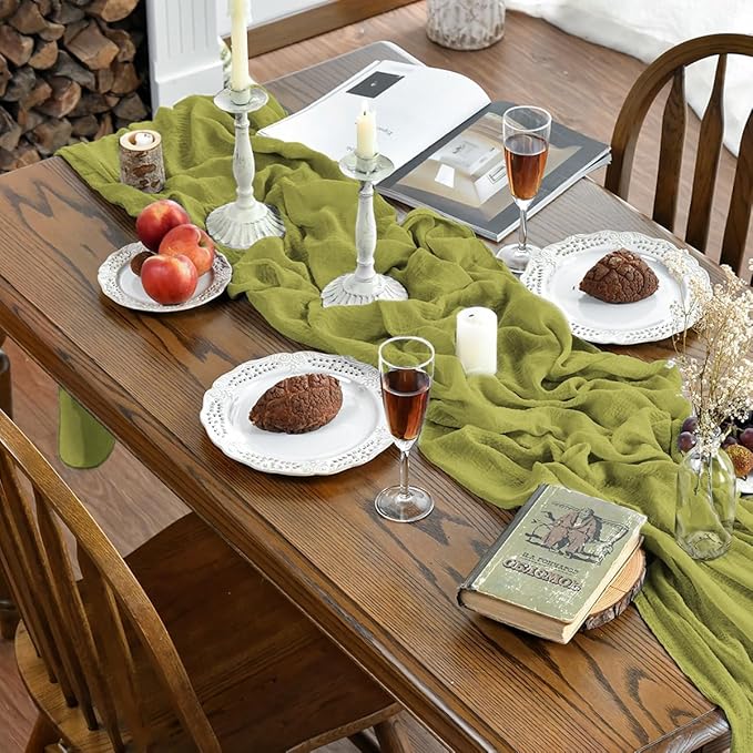 Artoid Mode Boho Cheesecloth Gauze Grass Green Wedding Table Runner, 120 Inch Seasonal Spring Fabric Kitchen Dining Holiday Table Decor for Home Party Indoor