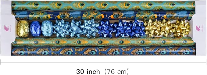 WRAPAHOLIC Peacock Christmas Wrapping Paper Set - Green Peacock Elements Patterns with Metallic Foil Shine Wrapping Paper Bundle with Gift Bow & Ribbon & Tag & Sticker