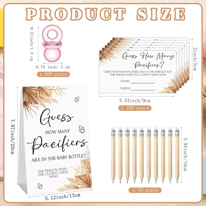 Roowest 512 Pcs Baby Shower Games Guess How Many Pacifiers Sign 100 Small Guessing Games 10 HB Pencils 750ml Milk Bottle 400 Acrylic Pacifiers Decoration for Guest Gender Reveal(Pink,Boho)