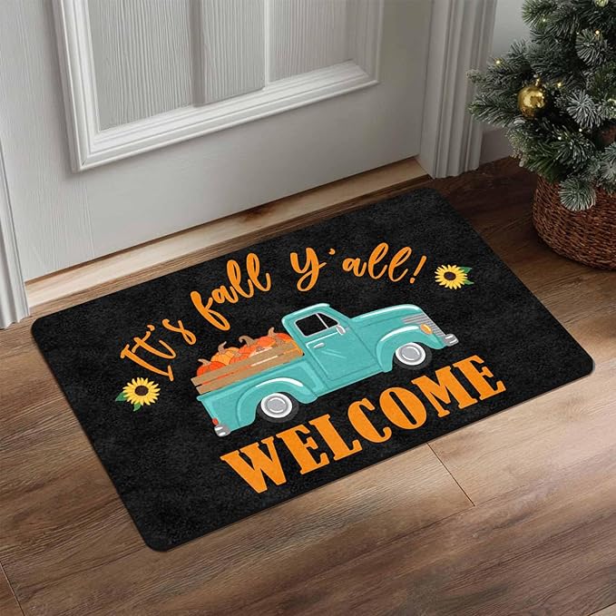 Fall Welcome Maple Leafs Decorative Door Mat, Autumn Thanksgiving Doormat for Indoor Outdoor Entrance Floor Mats,Fall Pumpkins Non Slip Harvest Vintage Decor Rubber Welcome Mats 30" x 18" Inch