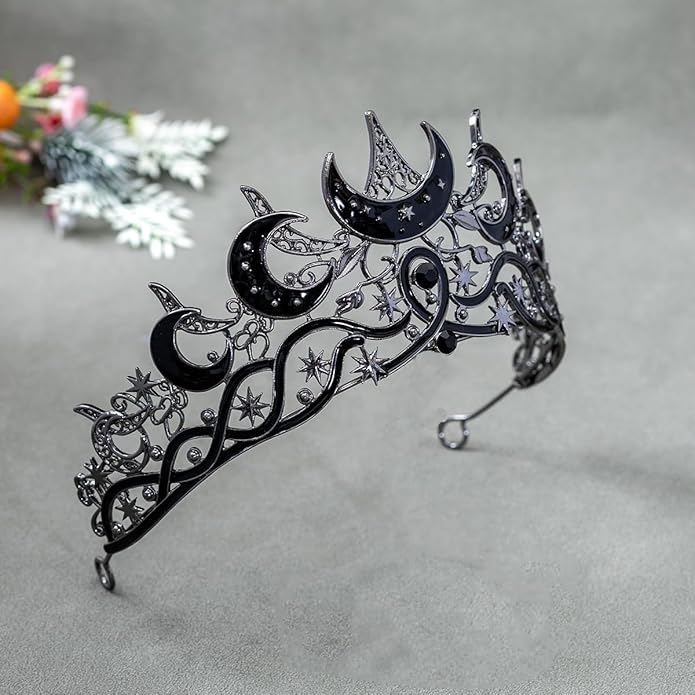 Gothic Black Moon Star Tiara Crown for Women Girls, Retro Celestial Witch Headpiece with Crescent Moon and Stars, Costume Cosplay Halloween Party Prom Wedding Birthday Accessories