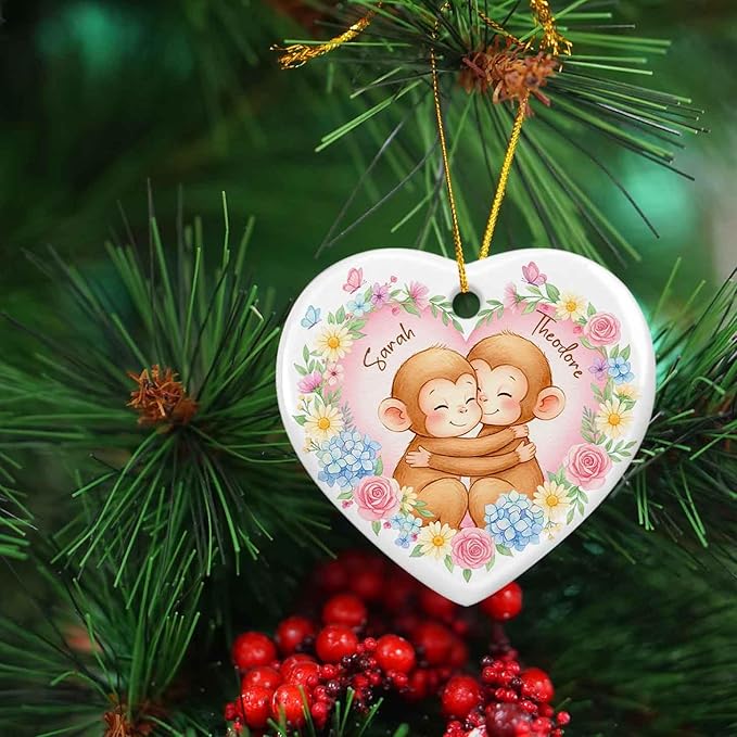 2025 Monkey Ornament Christmas Decoration, Custom Monkey Couple Together Ceramic Ornament with Names, Monkeys Flowers Keepsake for Newlyweds Valentine, Personalized Husband Wife Xmas Ornaments