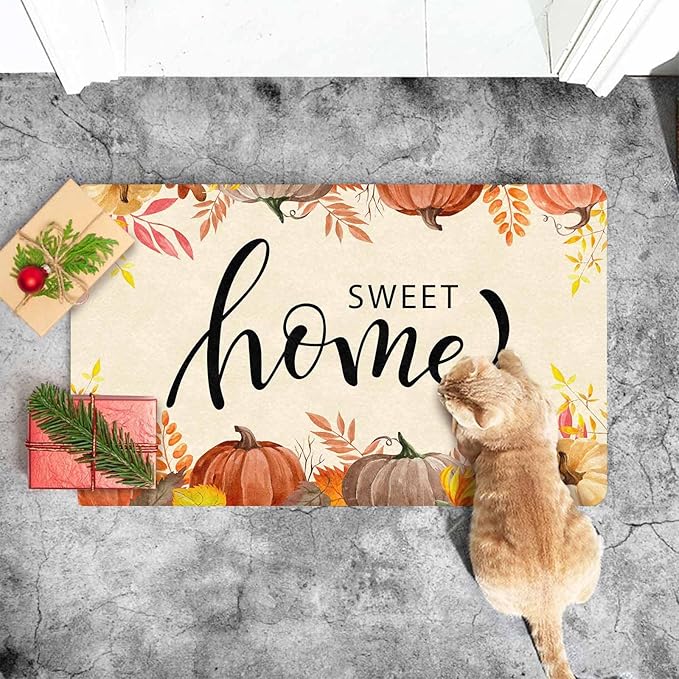 InterestPrint Thanksgiving Fall Door Mat Hello Fall Doormat Welcome Mat Front Outdoor Autumn Harvest Vintage Doormats for Autumn Halloween Thanksgiving Farmhouse Decor