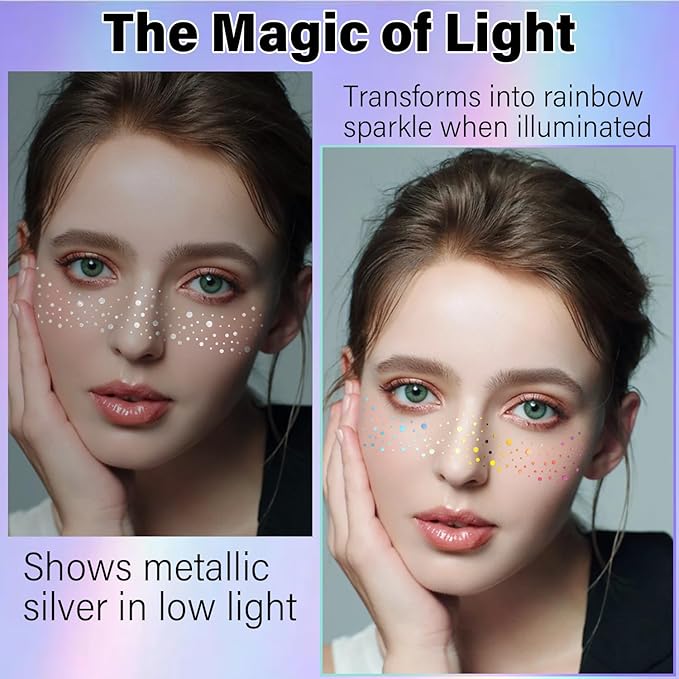 20 Pcs Face Temporary Tattoos, Holographic Multichrome Glitter Freckles Face Tattoo, Glitter Freckles, Holographic Laser Sparkle Makeup Patches, Waterproof Face Glitter Makeup Patches for Women