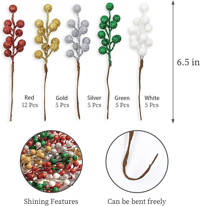 VioletEverGarden 32 Pack Glitter Christmas Picks 6.5 Inch Christmas Berry Stems Mixed Colors Artificial Berry Stems for Holiday Xmas Tree Home Decorations