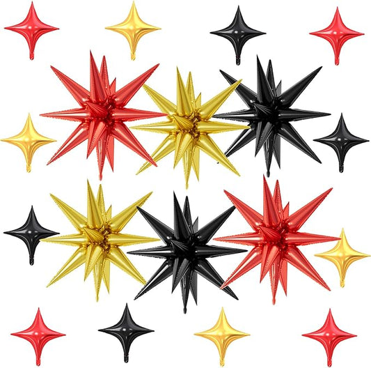 18 Pcs Black Red Star Balloons, Gold Red and Black Balloon with 6 Pcs 22-Inch Explosion Star Balloons 12Pcs 10-Inch Four Pointed Stars Foil Balloon for Kids Race Car Birthday Party Decorations