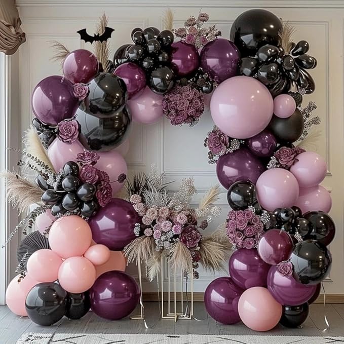 Black Pink Purple Balloons Double Stuffed Dark Plum Mauve Pink Pastel Lavender Lilac Balloon Garland Arch Kit for Wednesday Addams Halloween Birthday Baby Shower Wedding Goth Party Decorations