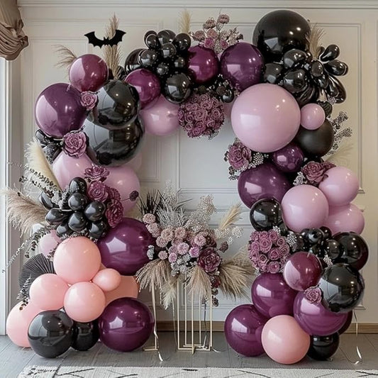 Black Pink Purple Balloons Double Stuffed Dark Plum Mauve Pink Pastel Lavender Lilac Balloon Garland Arch Kit for Wednesday Addams Halloween Birthday Baby Shower Wedding Goth Party Decorations