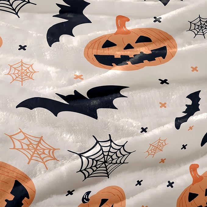 Halloween Flannel Throw Blanket – Ghost, Bat & Pumpkin Pattern – Orange Festive Blanket for Couch or Bed, W50 x L70in