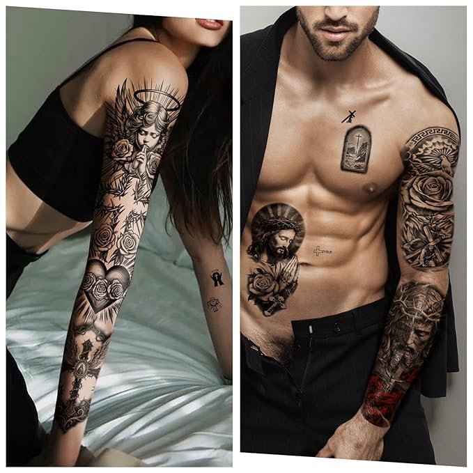 Yazhiji 48 Sheets Christian Full Arm Temporary Tattoos For Adult, Religious Jesus Christ Cross Angel God Half Arm Fake Tattoos, Christ Catholic Realistic Tiny Body Temporary Tattoos for Men Women Kids