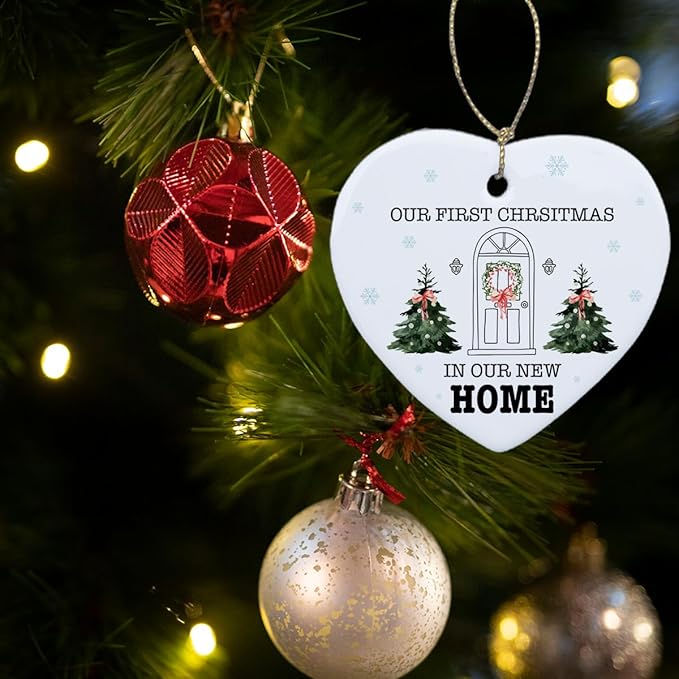 Our First Christmas in Our New Home Ornament Housewarming Gifts New Home for Couple Friends Him Her First Home Christmas Heart Ceramic Xmas Tree Ornament Decorations