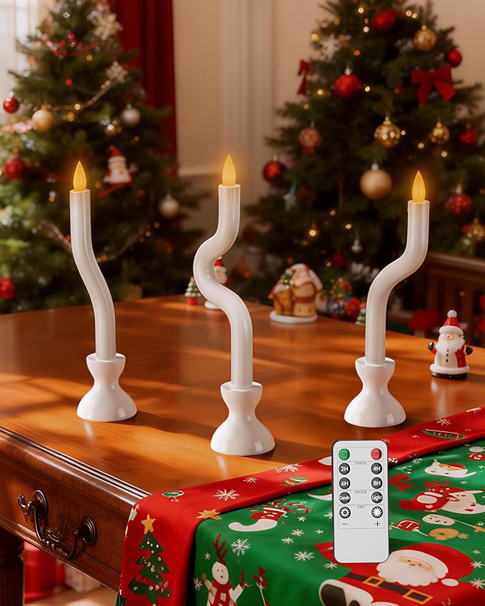COOLWUFAN Window Candles with Remote Timer, 3 Pcs Flameless Taper Candles Battery Operated with White Holder, Realistic LED Flickering Flame Dripless, Christmas Decorations Indoor for Home Party Fall