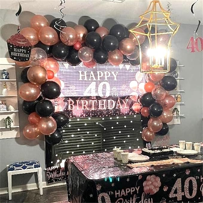 Rose Gold and Black Balloon Arch Kit, 102pcs Matte Black and Metallic Pearl Rose Gold Confetti Latex Balloons Garland Kit for Women Girls Birthday Baby Bridal Shower Wedding Party Decorations Supplies