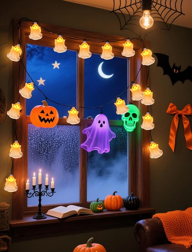8.5Ft Halloween Ghost String Lights, 10 LED White Ghost Lights Waterproof UL Listed for Indoor Halloween Indoor Bedroom Patio Backyard Camping Desk Party Decor