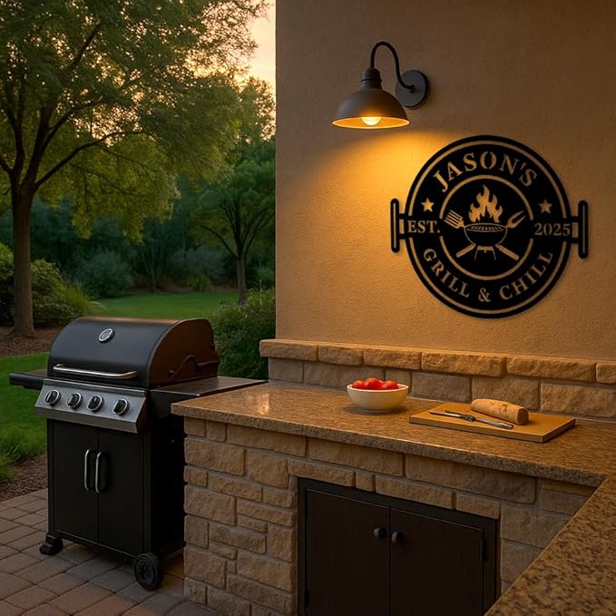 Custom Grill and Chill Metal Sign, Personalized BBQ Barbecue Plaque with Fire Pit and Utensils Design, Outdoor Patio Yard Wall Art, Rustic Backyard Bar Decor, Birthday, Christmas, Holiday Gift