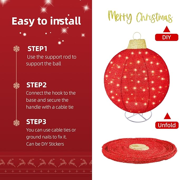 HOYECHI 3pc Lighted Pop-Up Outdoor Christmas Ornament Set – Holiday Ball Decorations with 290 LED Lights, 8 Lighting Modes, for Yard & Outdoor Christmas Decor - Red/Green/Gold