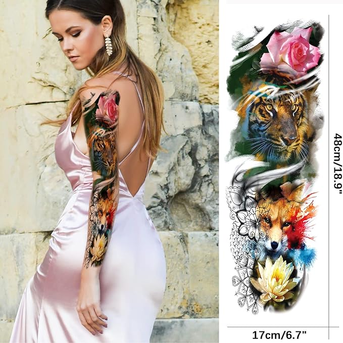 Color Animal Temporary Tattoo Sleeve for Women Leg, 4-Sheet Full Arm Realistic Tiger Dragon Bear Fake Tattoo Sleeve Adult Girl and 4-Sheet Large Colorful Half Temp Tatoo Sticker Thigh Makeup Body Art