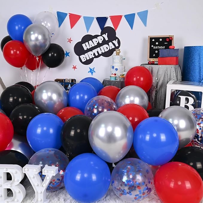 Red Blue Black Balloon, 12 Inch Spider Party Decorations, Matte Red Black and Royal Blue Latex Balloon with Confetti Balloons for Kids Boys Spider Hero Theme Birthday Baby Shower Halloween Party