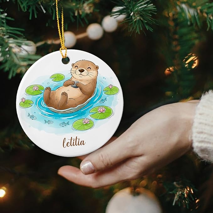 Personalized Funny Otter Xmas Tree Ornament, Otters Animal Ornaments, Animal Enthusiast Gift for Christmas Holiday, Customized Otter Ceramic Ornament with Name, Otters Lovers Keepsake Decoration