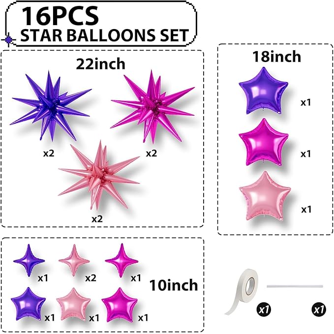 16 Pcs Hot Pink Purple Star Balloons, 22/18/10 Inch Foil Balloons, Four-Pointed Balloon for Girl Princess Birthday Wedding Baby Shower Party Decorations