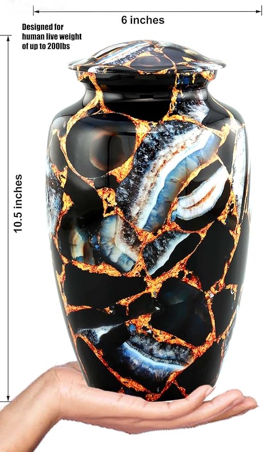 Memorial Cremation Urns for Human Ashes | Handcrafted Large Burial Marble Finish Adult Cremation Urn, Funeral Decorative Urns for Female & Male | 200 lbs with Velvet Bag (Luxury Black)