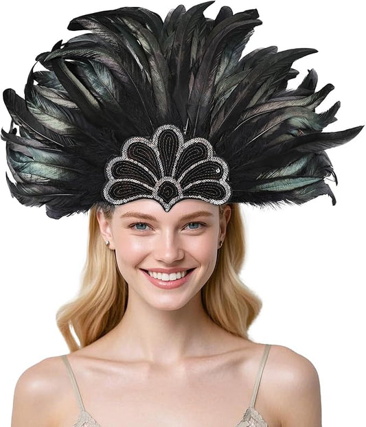 Women's Carnival Feather Headpieces Sequin Headdress for Wedding Masquerade Party Cosplay Feather Headbands