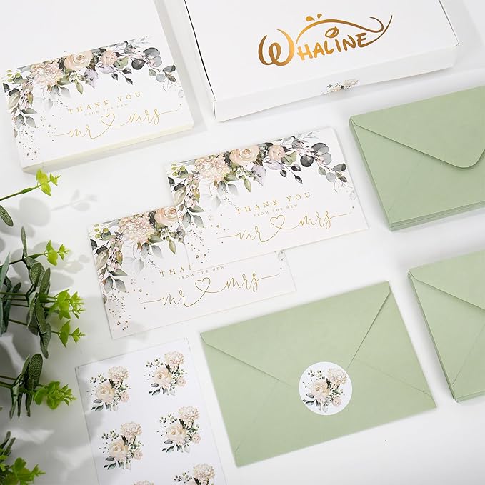 Whaline 50 Pack Floral Wedding Thank You Cards Flower with Eucalyptus Leaves Mr & Mrs Thank You Greeting Note Cards Boxed with Envelope Sticker for Bridal Shower