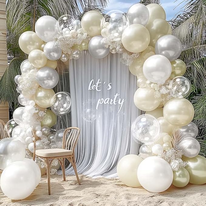 White Balloon Arch Double Stuffed Sand White Gold Pearl Bobo Balloons Light Gold Silver Latex Balloon Garland for Birthday Wedding Baby Shower Bridal Shower Baptism Party Decor