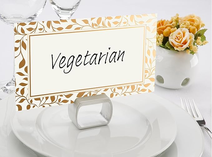 Better Office Products 100 Pack Place Cards, 2 x 3.5 in, White with Metallic Gold Leaf Foil Border, Folded Table Tent Cards for Weddings, Dinner Parties, Buffet Banquets,(100 Count)