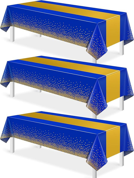 3Pcs Blue and Gold Tablecloth Party Decorations,Plastic Royal Blue Table Cloth Printed Gold Tables Runner Disposable Rectangle Table Cover for Birthday Anniversary Wedding Graduation Party,54 x108Inch