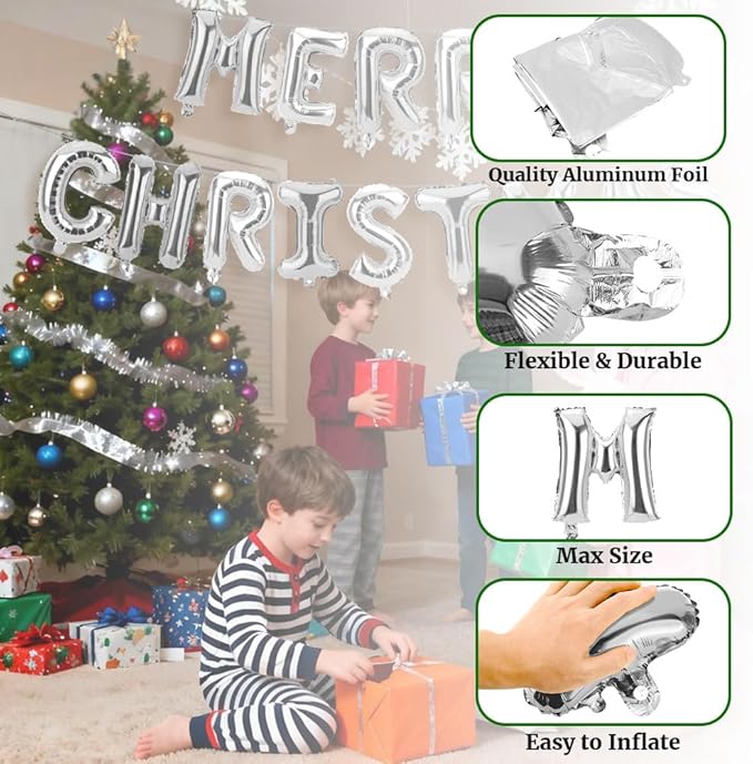 16 Inch Merry Christmas Balloons 14 PCS Silver Balloons Banner Xmas Letter Aluminum Mylar Foil Balloon Kit Decorations Globos Backdrop for Hanging Decor Party Favors Supplies Theme Indoor Outdoor