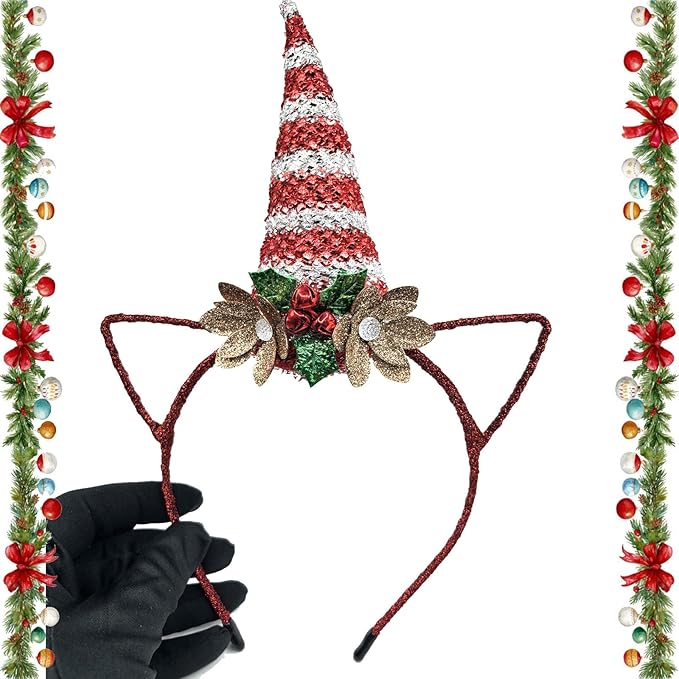 Glittering Christmas Unicorn Headband with Red White Sequined Horn, Hollow-Out Ears, Green Leaves, Red Bells & Gold Flowers - Christmas Cosplay Hairband Festive Party Hair Accessories for Women
