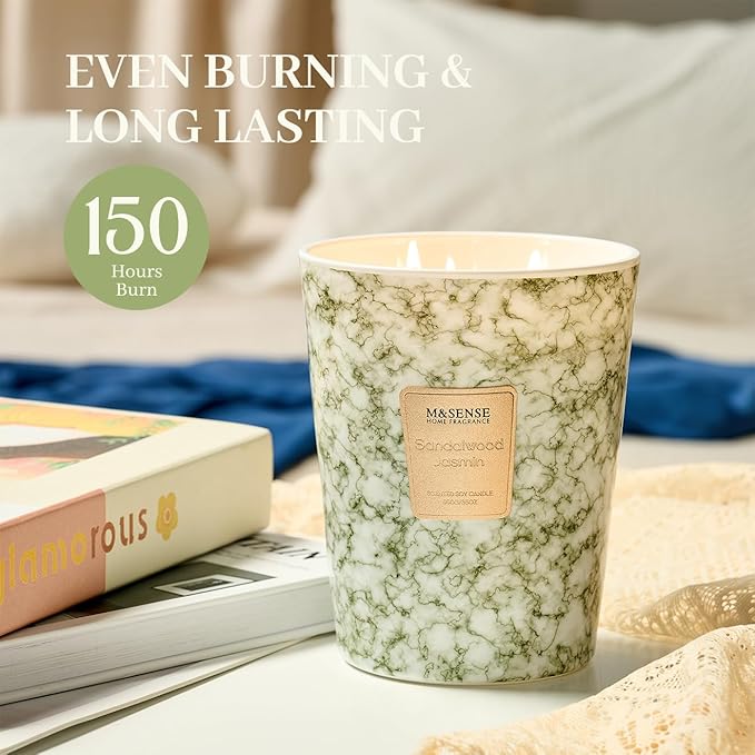 M&SENSE Extra Large Candle 35oz 150H SandalwoodJasmin Scented, 3 Wick Highly Scented Jar Candle, XL Large Christmas Gift Candle for Women, Long Lasting Burning for Holiday, Thanksgiving, Christmas
