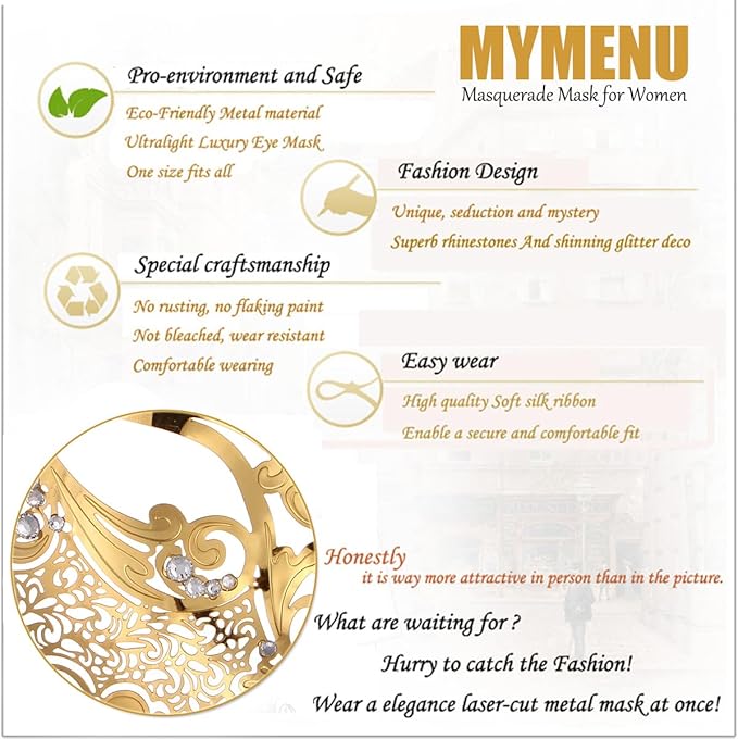 MYMENU Masquerade Mask for Couples Women Metal Rhinestone Venetian Party Evening Prom ball