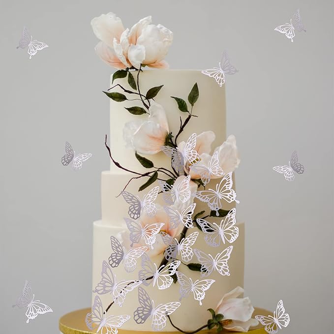 40 PCS Laser 3D Butterfly Cupcake Toppers - Hollow Arts Cake Decorations for Baby Shower, Wedding, Fairy Birthday Party Supplies - Wall Sticker Decoration Mixed Styles Silver