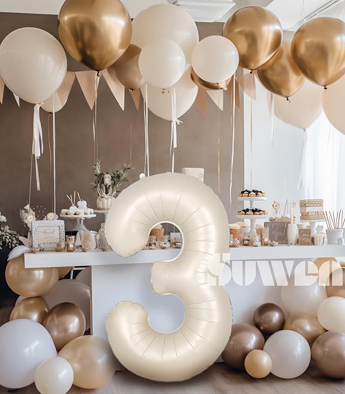 SUWEN 40 Inch Cream White Large 3 Number Balloons Big Foil Helium Number Balloons 0-9 Jumbo Happy 3rd Mylar Birthday Party Decorations for Boy or Girl Anniversary Party Supplies