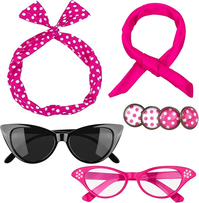 Aneco 6 Pack 50s Set Chiffon Scarf Cat Eye Glasses Bandana Tie Headband Earrings