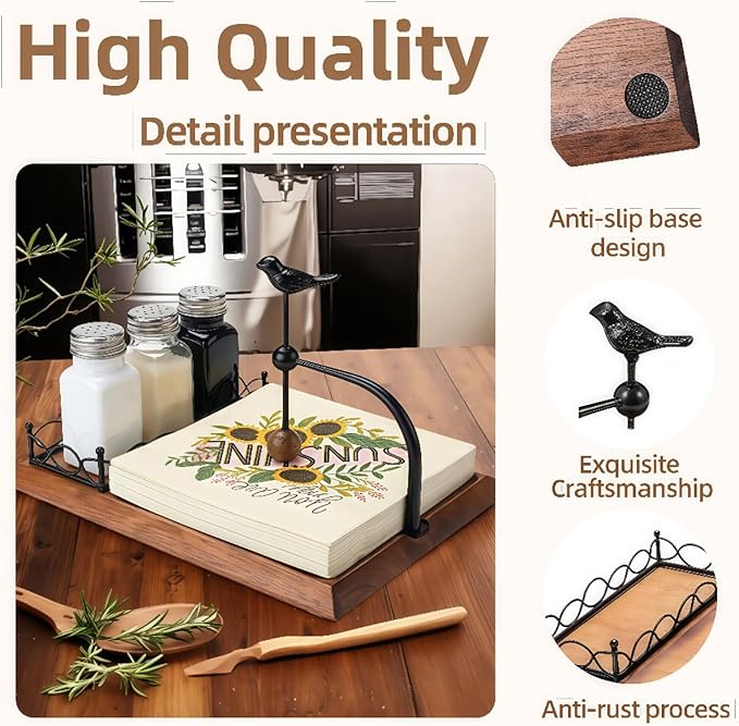 Solid Wooden Bird Napkin Holder for Table，Napkin Dispenser with Salt and Pepper Shakers, 2-in-1 Vintage Flat Paper Towel Holder for Bar, Kitchen & Dinning Room not Included Shakers
