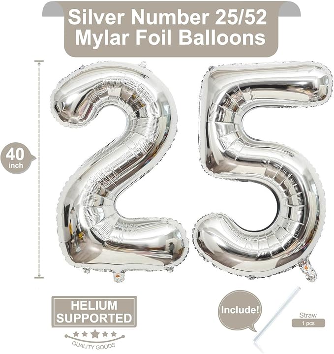 40 Inch Silver 25 Number Balloons Giant Jumbo Huge 25 or 52 Foil Mylar Helium Number Digital Balloons Silver Birthday Mylar Digital Balloons 25 Birthday Party 25th Anniversary Events Party Decorations