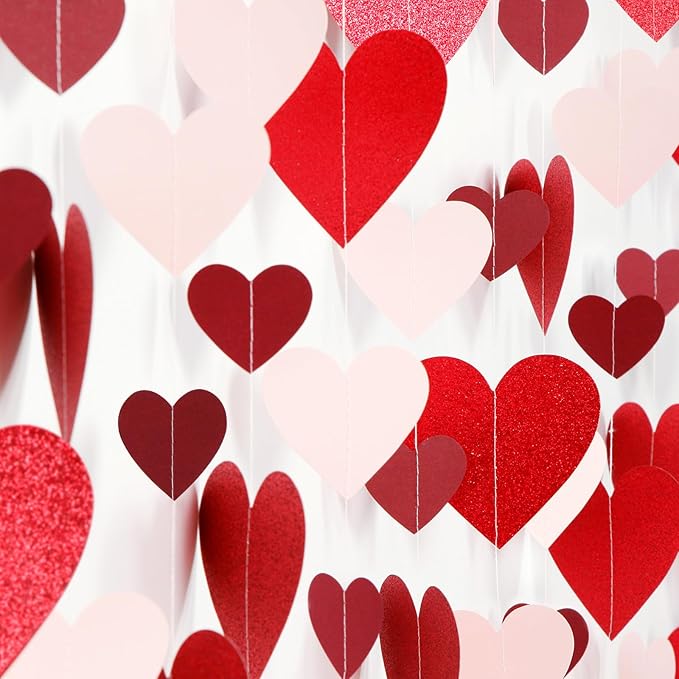 Pink Burgundy-Red Party-Decorations Garland - 52Ft Proposal Special Night Galentines Heart Paper Streamers Banner,Bachelorette Bridal Shower Engagement Wedding Decor Lasting Surprise